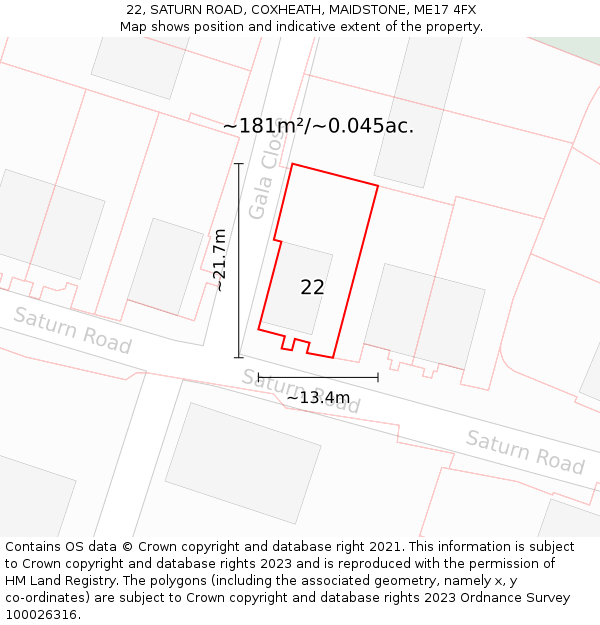 22, SATURN ROAD, COXHEATH, MAIDSTONE, ME17 4FX: Plot and title map