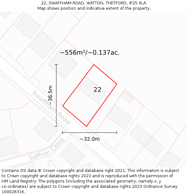 22, SWAFFHAM ROAD, WATTON, THETFORD, IP25 6LA: Plot and title map