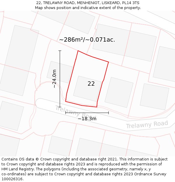 22, TRELAWNY ROAD, MENHENIOT, LISKEARD, PL14 3TS: Plot and title map