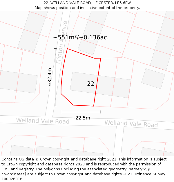 22, WELLAND VALE ROAD, LEICESTER, LE5 6PW: Plot and title map