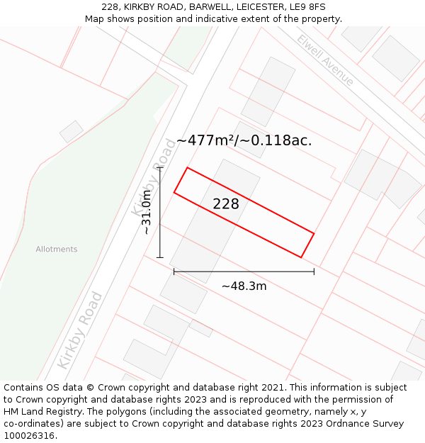 228, KIRKBY ROAD, BARWELL, LEICESTER, LE9 8FS: Plot and title map