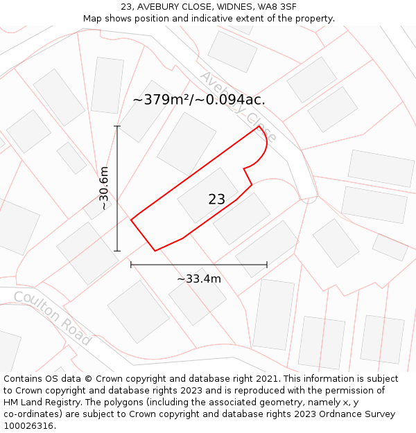 23, AVEBURY CLOSE, WIDNES, WA8 3SF: Plot and title map