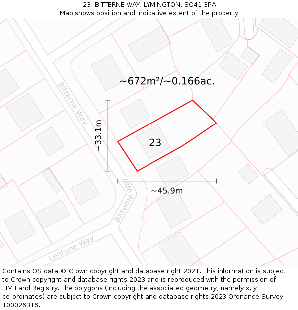 23, BITTERNE WAY, LYMINGTON, SO41 3PA: Plot and title map