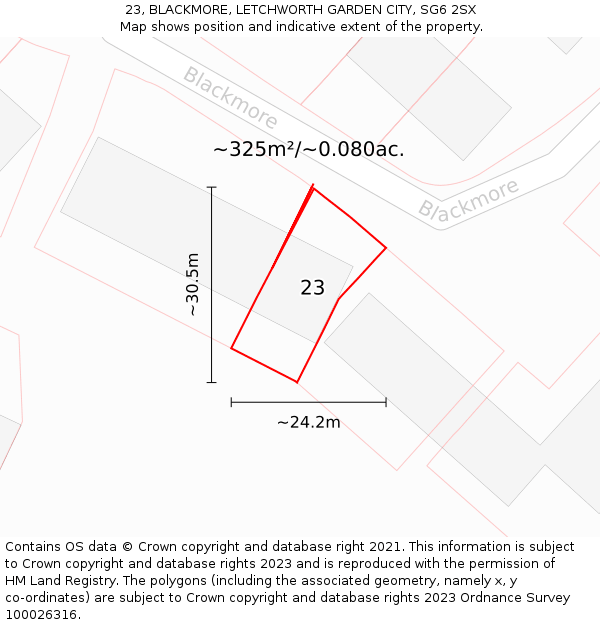 23, BLACKMORE, LETCHWORTH GARDEN CITY, SG6 2SX: Plot and title map