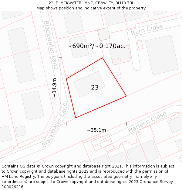 23, BLACKWATER LANE, CRAWLEY, RH10 7RL: Plot and title map