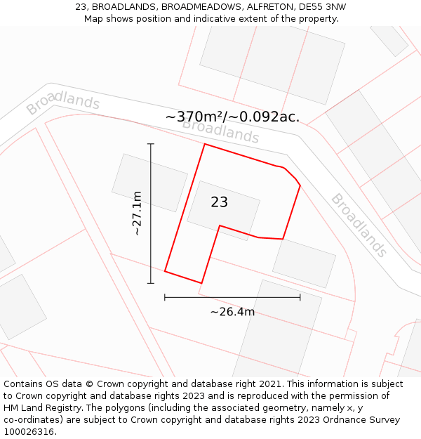 23, BROADLANDS, BROADMEADOWS, ALFRETON, DE55 3NW: Plot and title map