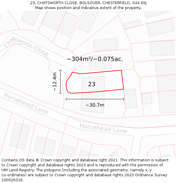 23, CHATSWORTH CLOSE, BOLSOVER, CHESTERFIELD, S44 6XJ: Plot and title map