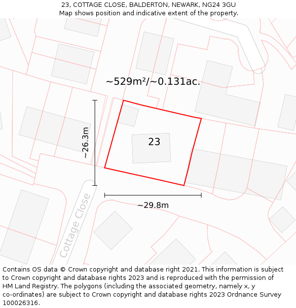 23, COTTAGE CLOSE, BALDERTON, NEWARK, NG24 3GU: Plot and title map