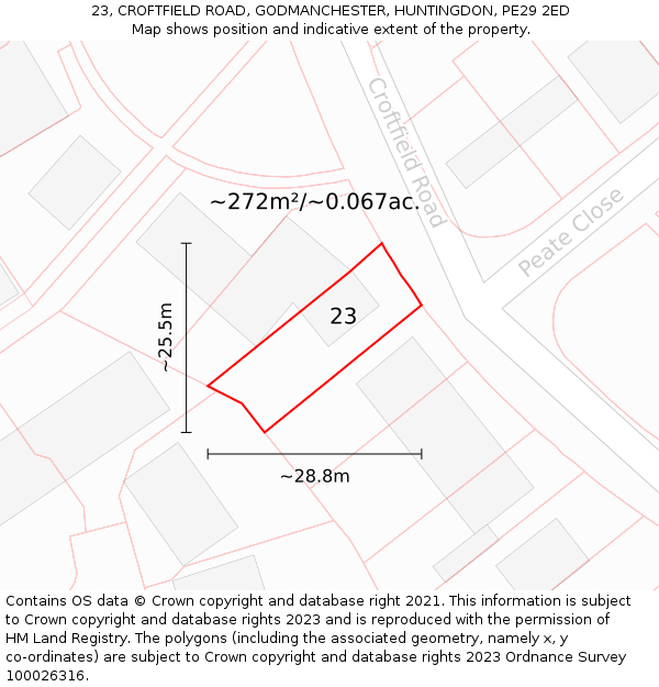 23, CROFTFIELD ROAD, GODMANCHESTER, HUNTINGDON, PE29 2ED: Plot and title map