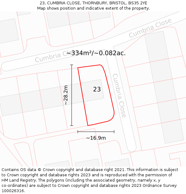 23, CUMBRIA CLOSE, THORNBURY, BRISTOL, BS35 2YE: Plot and title map