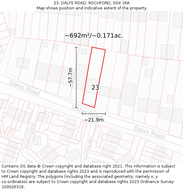 23, DALYS ROAD, ROCHFORD, SS4 1RA: Plot and title map