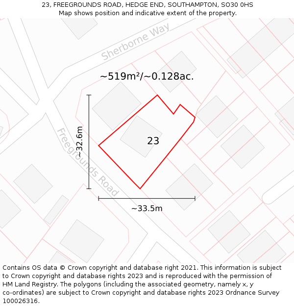 23, FREEGROUNDS ROAD, HEDGE END, SOUTHAMPTON, SO30 0HS: Plot and title map