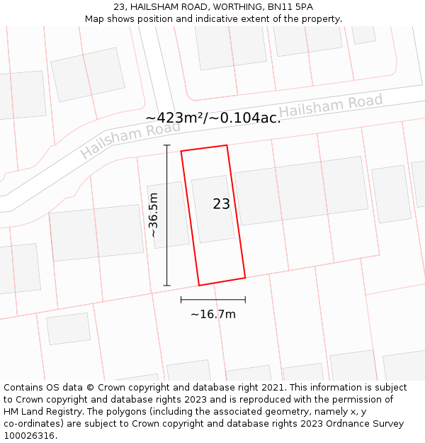 23, HAILSHAM ROAD, WORTHING, BN11 5PA: Plot and title map