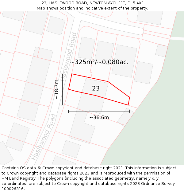 23, HASLEWOOD ROAD, NEWTON AYCLIFFE, DL5 4XF: Plot and title map