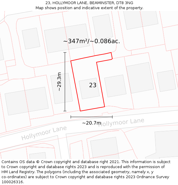 23, HOLLYMOOR LANE, BEAMINSTER, DT8 3NG: Plot and title map