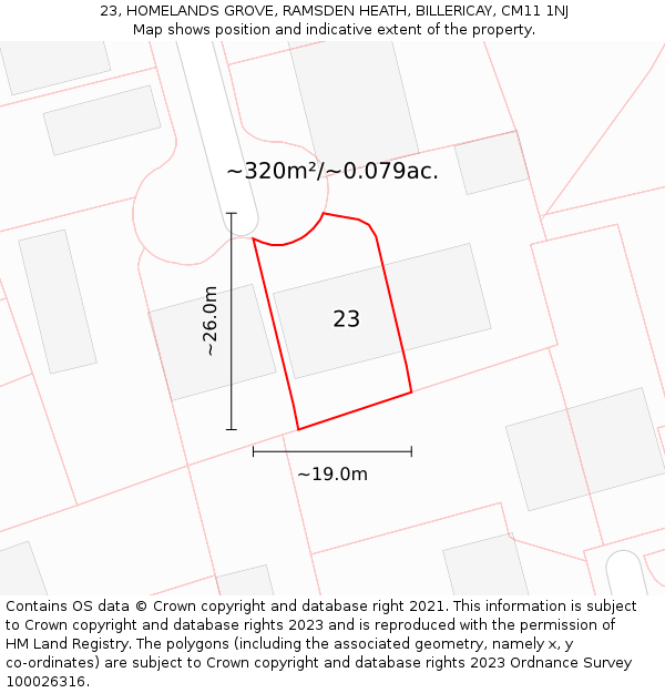 23, HOMELANDS GROVE, RAMSDEN HEATH, BILLERICAY, CM11 1NJ: Plot and title map