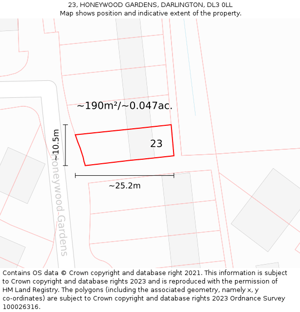 23, HONEYWOOD GARDENS, DARLINGTON, DL3 0LL: Plot and title map