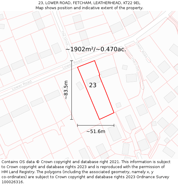 23, LOWER ROAD, FETCHAM, LEATHERHEAD, KT22 9EL: Plot and title map