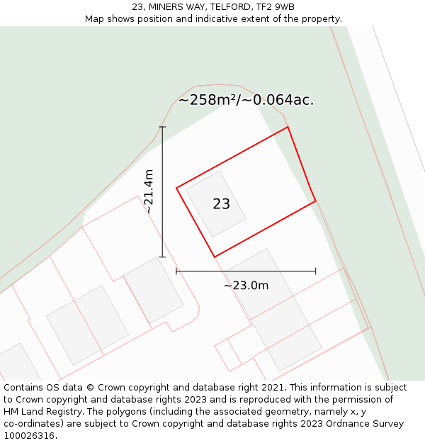 23, MINERS WAY, TELFORD, TF2 9WB: Plot and title map