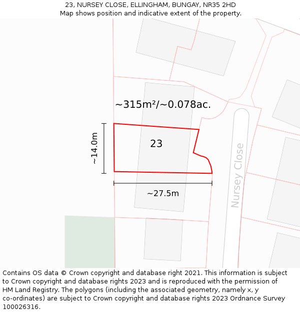 23, NURSEY CLOSE, ELLINGHAM, BUNGAY, NR35 2HD: Plot and title map