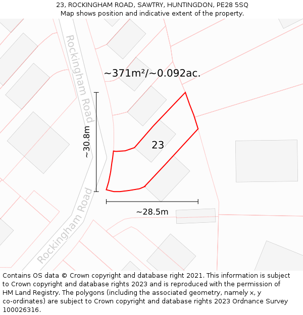 23, ROCKINGHAM ROAD, SAWTRY, HUNTINGDON, PE28 5SQ: Plot and title map