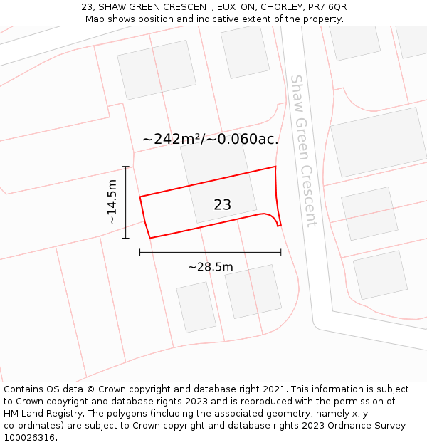 23, SHAW GREEN CRESCENT, EUXTON, CHORLEY, PR7 6QR: Plot and title map