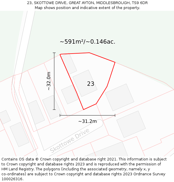 23, SKOTTOWE DRIVE, GREAT AYTON, MIDDLESBROUGH, TS9 6DR: Plot and title map