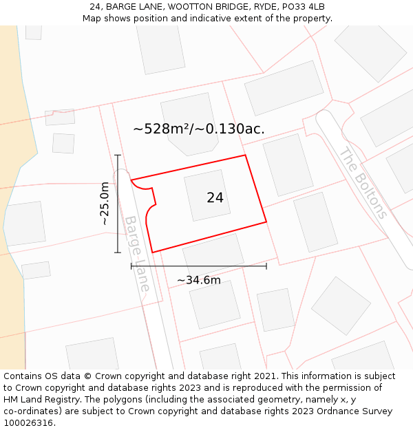 24, BARGE LANE, WOOTTON BRIDGE, RYDE, PO33 4LB: Plot and title map