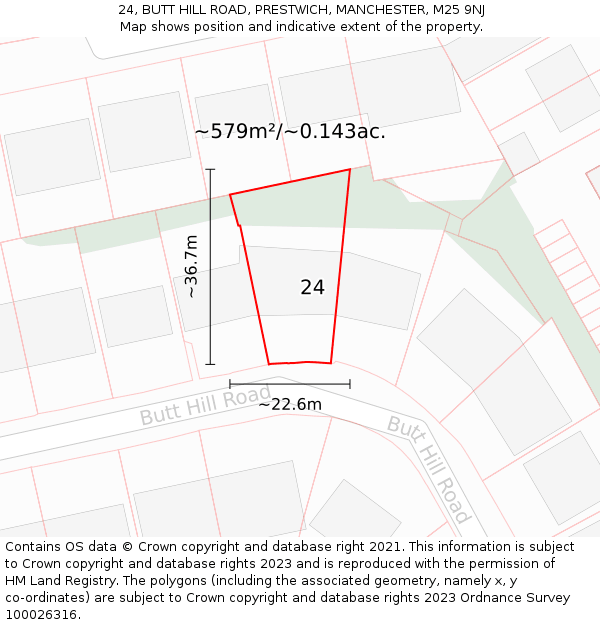 24, BUTT HILL ROAD, PRESTWICH, MANCHESTER, M25 9NJ: Plot and title map