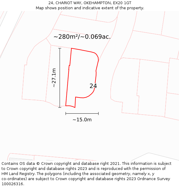 24, CHARIOT WAY, OKEHAMPTON, EX20 1GT: Plot and title map