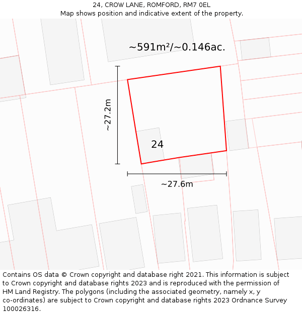 24, CROW LANE, ROMFORD, RM7 0EL: Plot and title map