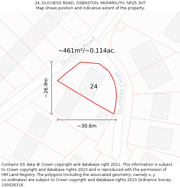 24, DUCHESS ROAD, OSBASTON, MONMOUTH, NP25 3HT: Plot and title map
