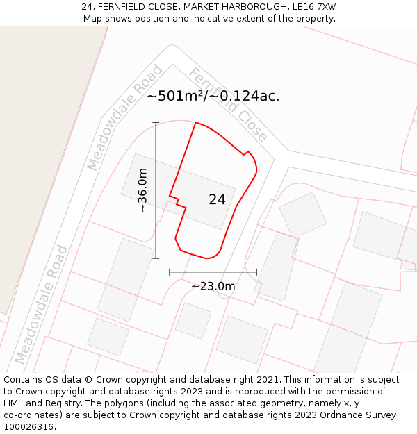 24, FERNFIELD CLOSE, MARKET HARBOROUGH, LE16 7XW: Plot and title map