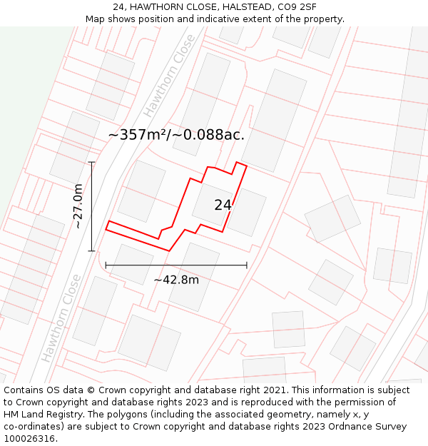 24, HAWTHORN CLOSE, HALSTEAD, CO9 2SF: Plot and title map