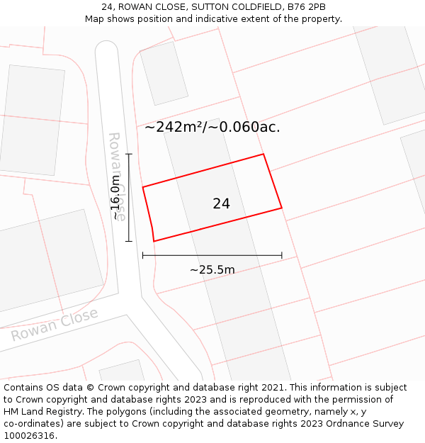 24, ROWAN CLOSE, SUTTON COLDFIELD, B76 2PB: Plot and title map