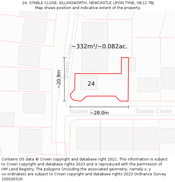 24, STABLE CLOSE, KILLINGWORTH, NEWCASTLE UPON TYNE, NE12 7BJ: Plot and title map