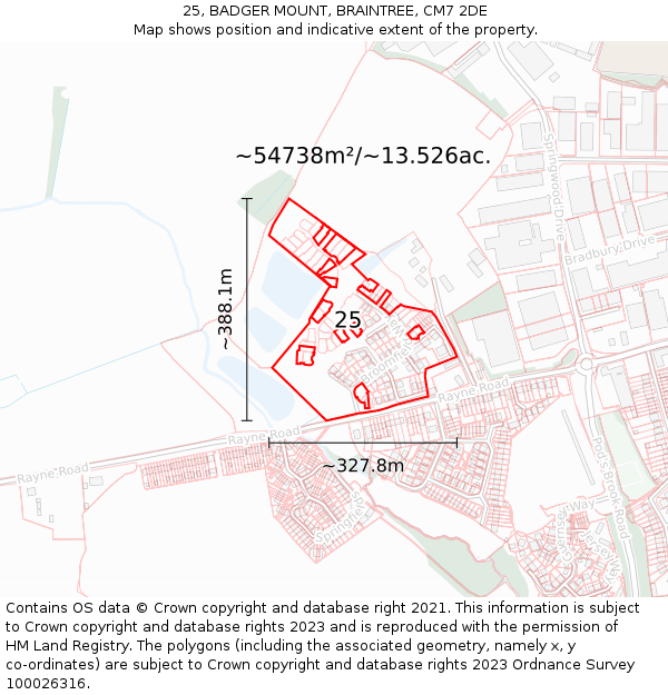 25, BADGER MOUNT, BRAINTREE, CM7 2DE: Plot and title map