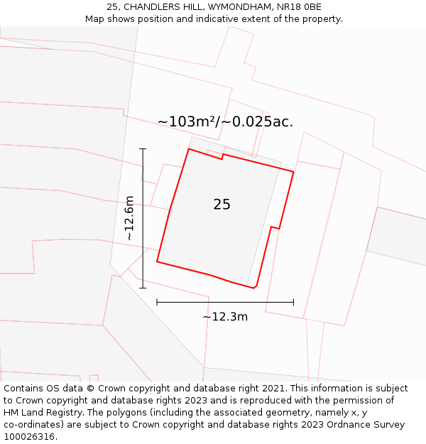 25, CHANDLERS HILL, WYMONDHAM, NR18 0BE: Plot and title map