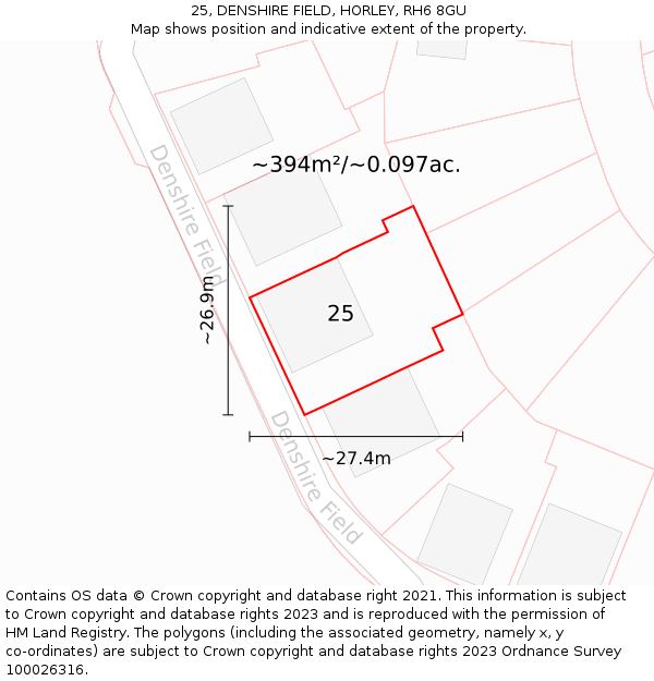 25, DENSHIRE FIELD, HORLEY, RH6 8GU: Plot and title map