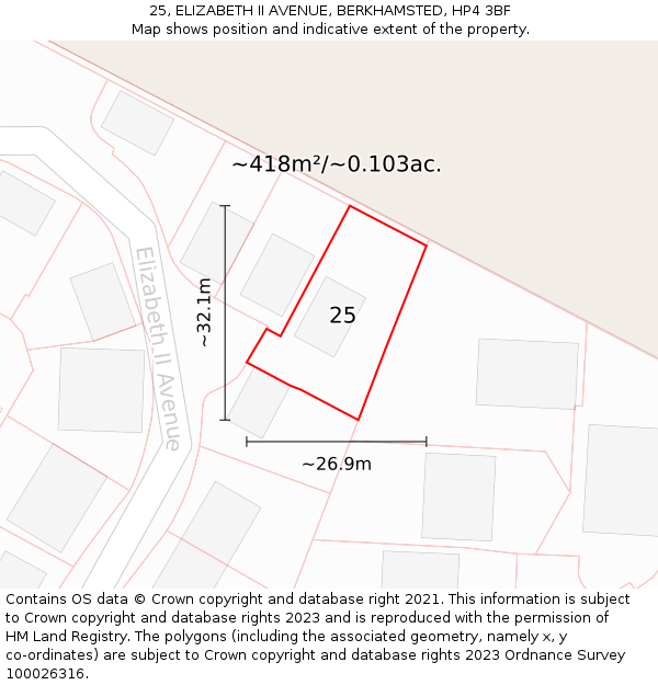 25, ELIZABETH II AVENUE, BERKHAMSTED, HP4 3BF: Plot and title map