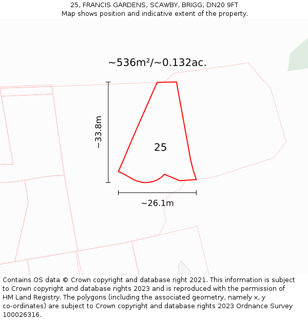 25, FRANCIS GARDENS, SCAWBY, BRIGG, DN20 9FT: Plot and title map