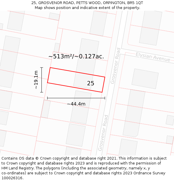 25, GROSVENOR ROAD, PETTS WOOD, ORPINGTON, BR5 1QT: Plot and title map