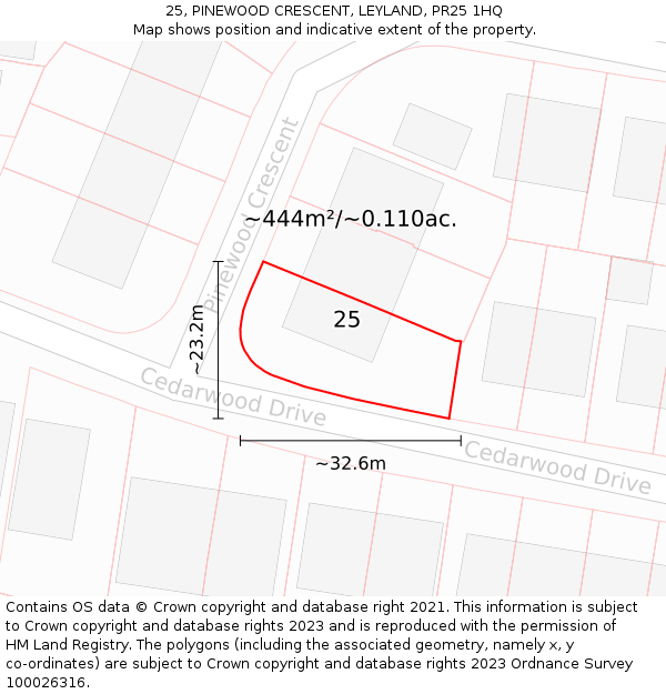 25, PINEWOOD CRESCENT, LEYLAND, PR25 1HQ: Plot and title map