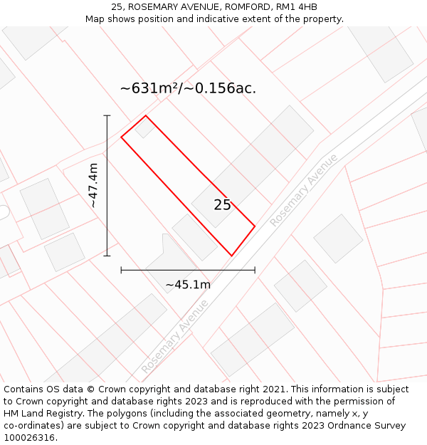 25, ROSEMARY AVENUE, ROMFORD, RM1 4HB: Plot and title map