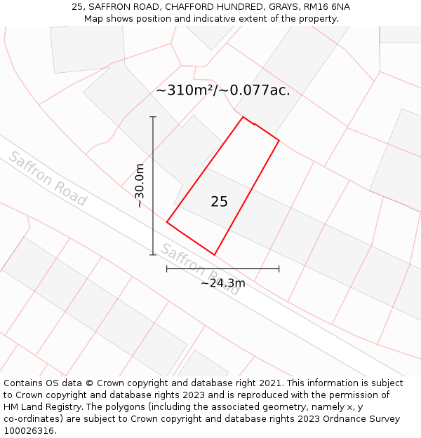 25, SAFFRON ROAD, CHAFFORD HUNDRED, GRAYS, RM16 6NA: Plot and title map