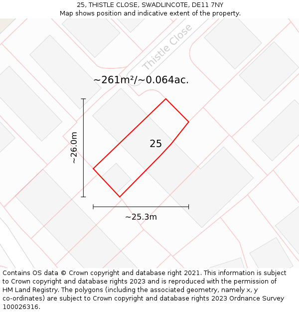 25, THISTLE CLOSE, SWADLINCOTE, DE11 7NY: Plot and title map