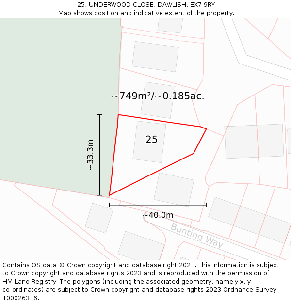 25, UNDERWOOD CLOSE, DAWLISH, EX7 9RY: Plot and title map