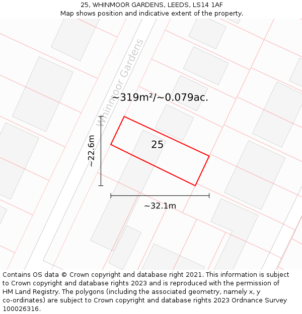 25, WHINMOOR GARDENS, LEEDS, LS14 1AF: Plot and title map