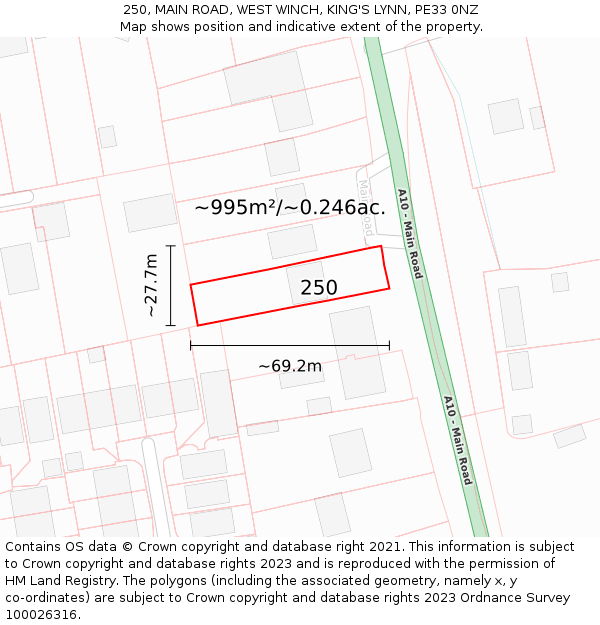 250, MAIN ROAD, WEST WINCH, KING'S LYNN, PE33 0NZ: Plot and title map