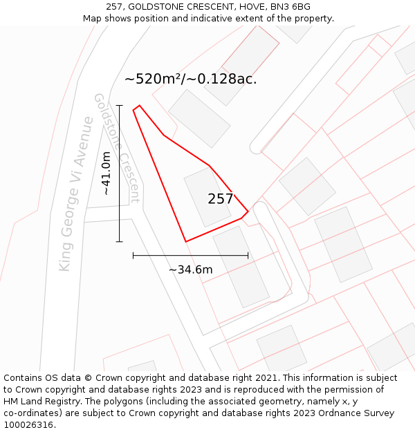 257, GOLDSTONE CRESCENT, HOVE, BN3 6BG: Plot and title map